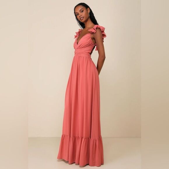 Lulus Soiree Celebration Rusty Rose Ruffled Lace-Up Maxi Dress Size Medium NEW - Picture 2 of 12